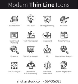 Business Planning Concept. Goal Setting, Prioritisation, Time Management, Statistics And Human Resources. Modern Thin Line Art Icons. Linear Style Illustrations Isolated On White.