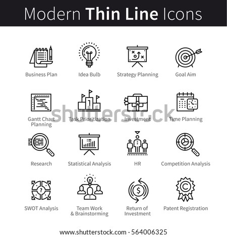 Business planning concept. Goal setting, prioritisation, time management, statistics and human resources. Modern thin line art icons. Linear style illustrations isolated on white.