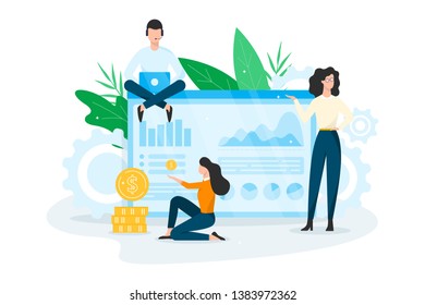Business planning concept. Idea of analysis and management. Financial development. People making research. Vector illustration in cartoon style