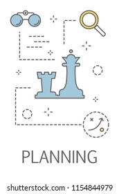 Business planning concept. Idea of strategy and goal achievement. Set of planning icons with chess and magnifying glass. Isolated line vector illustration