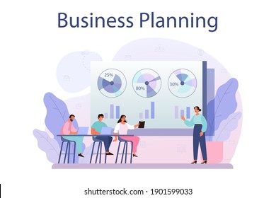 Concepto de planificación empresarial. Idea de estrategia empresarial. Establecer un objetivo o un objetivo y el siguiente programa. Investigación, análisis y organización financiera. Ilustración vectorial plana aislada