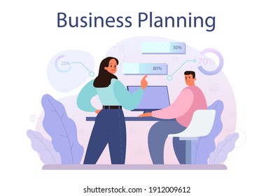 Business planning concept. Idea of business strategy. Setting a goal or target and following schedule. Financial research, analysis and organization. Isolated flat vector illustration