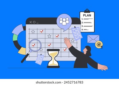 Business planning concept in modern flat design for web. Woman making schedule with meetings at calendar, setting tasks and deadlines. Vector illustration for social media banner, marketing material.