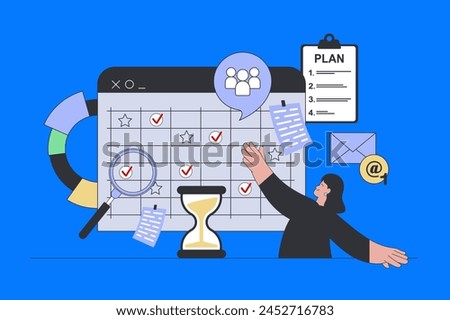 Business planning concept in modern flat design for web. Woman making schedule with meetings at calendar, setting tasks and deadlines. Vector illustration for social media banner, marketing material.