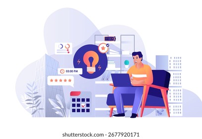 Concepto de planificación empresarial para el Diseño web moderno. Planificación de Personas, empresario encontrando nuevas ideas y soluciones, creando organización de la empresa. Ilustración vectorial plana aislada sobre fondo blanco.