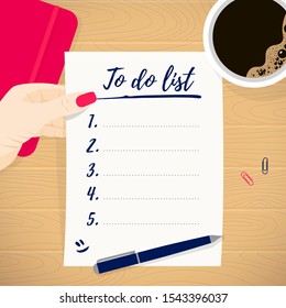 Business planning concept. Paper sheet with To do list template in women hand, coffee, notebook, pen on wooden table top view. Office workplace in flat style. Vector illustration