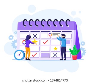 Business planning concept, People filling out the schedule on a giant calendar, work in progress vector illustration