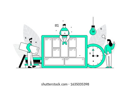 Business planning concept. People make up a business model for a start up. Isolated on a white background. Flat line vector illustration. svg