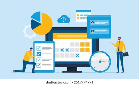 Business planning concept and Business people team working with digital calendar online. Flat vector illustration design