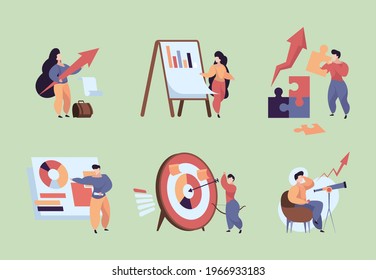 Business planning. Concept scenes with stylized characters analyzing strategy solving problems making business solution marketing garish vector flat metaphores