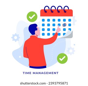Business planning concept, Scheduling, Time management, Setting priority tasks, Man checking events in calendar flat illustration, planning schedule, and agenda