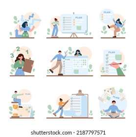 Business planning concept set. Setting a goal and following schedule. Idea of planning and organization. Time optimization. Flat vector illustration