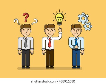 Business planning concept set. Young funny businessman with quiestion marks, idea light bulb and gear icons.