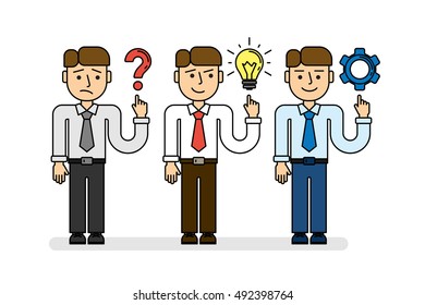 Business planning concept set. Young funny businessman with quiestion marks, idea light bulb and gear icons.