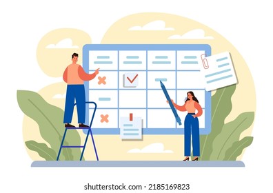 Concepto de planificación empresarial. Establecer un objetivo y seguir el programa. Idea de planificación y organización. Optimización del tiempo. Ilustración vectorial plana