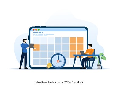 Concepto de planificación empresarial, equipo de negocios que trabaja con calendario digital en línea, Planificación, Salir Notas, Administrar y Organizar Trabajo y Tiempo. administración de tiempo. ilustración vectorial plana.