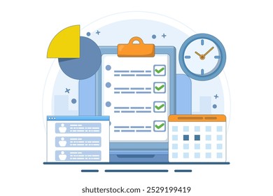 Business planning concept, business team working with online digital calendar. Planning Schedule, Leaving Notes, Managing and Organizing Work and Time. Time management. Flat vector illustration.
