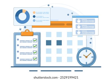 Conceito de planejamento de negócios, equipe de negócios trabalhando com calendário digital on-line. Programação de Planejamento, Deixando Notas, Gerenciando e Organizando Trabalho e Tempo. Gerenciamento de tempo. Ilustração de vetor plano.