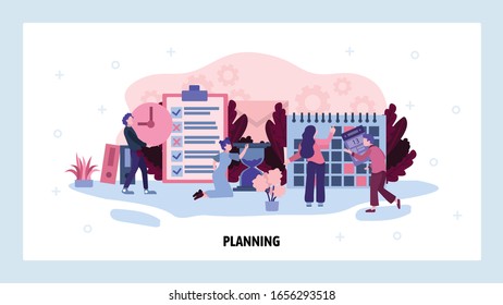 Business planning concept. Teamwork management and project business plan. Calendar and deadline. Vector web site design template. Landing page website concept illustration