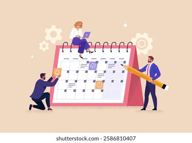 Business Planning Concept. Vector cartoon illustration of a group of people in business outfits making notes on a calendar with tasks Isolated on background.