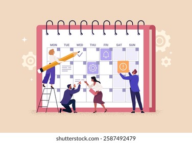 Business Planning Concept. Vector cartoon illustration of a group of diverse people in business outfits making notes on a calendar with tasks. Isolated on background.