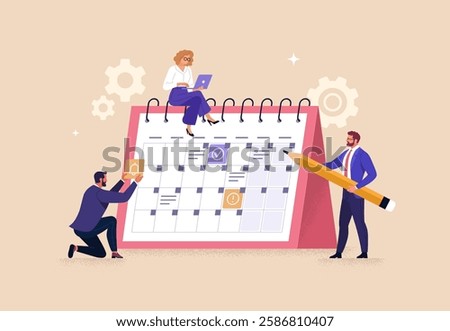 Business Planning Concept. Vector cartoon illustration of a group of people in business outfits making notes on a calendar with tasks Isolated on background.