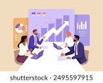 Business Planning concept. Vector illustration in flat style of a group of diverse business people having a discussion at a table with graphs in the background.