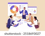 Business Planning concept. Vector illustration in flat style of a group of diverse business people having a discussion at a table with graphs in the background.