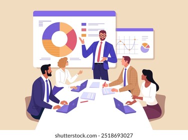 Business Planning concept. Vector illustration in flat style of a group of diverse business people having a discussion at a table with graphs in the background.