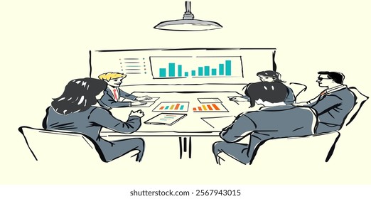 Business Planning concept. Vector illustration of a group of diverse business people having a discussion at a table 