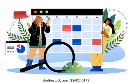 Conceito de planejamento de negócios. Mulher com lupa perto do calendário. Planejamento e programação. Gerenciamento de tempo e organização de um processo de trabalho eficiente. Ilustração de vetor plano