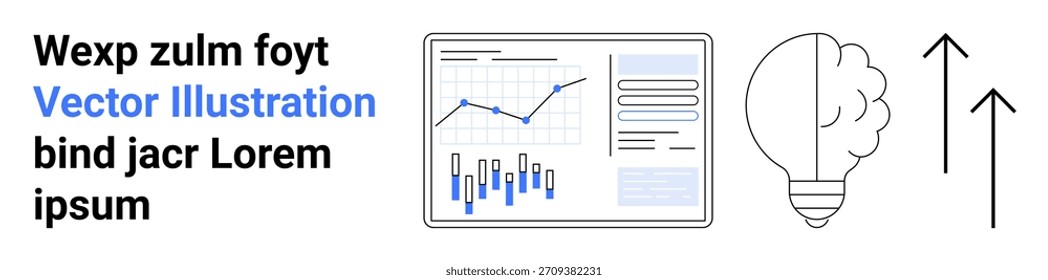 Business planning, data analysis, innovation, progress tracking, creative solutions, growth strategies. Graphs, a lightbulb and upward-pointing arrows. Business planning and data analysis concept