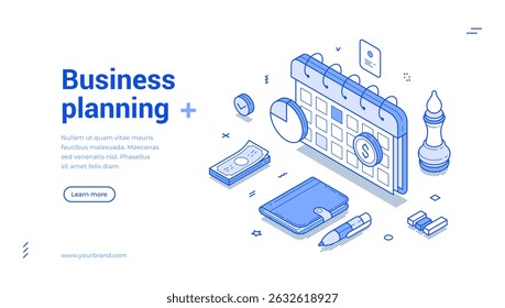 Business planning deadline productivity and efficiency web banner isometric vector illustration. Time management schedule planner control marketing strategy development workflow organization