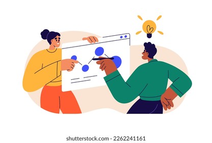 Business planning, developing creative ideas concept. Team work, discussion. Discussing strategy, analyzing, improving, creating project. Flat vector illustration isolated on white background