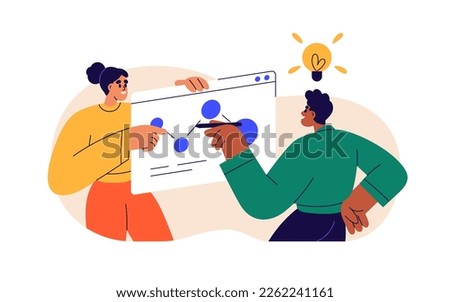 Business planning, developing creative ideas concept. Team work, discussion. Discussing strategy, analyzing, improving, creating project. Flat vector illustration isolated on white background