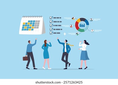 Business planning, development schedule, project management calendar or checklist, brainstorming or analyzing employee, resource management concept, business people discussing business plan schedule.