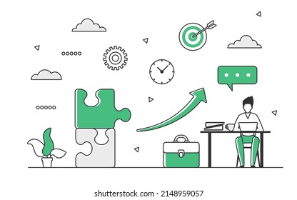 Business planning and development strategy. Teamwork ability and organisational process vector monocolor illustration