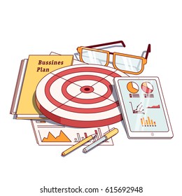 Business planning document next to analytics report, tablet computer, dartboard & stationery. Goals achievement concept. Modern flat style thin line vector illustration isolated on white background.