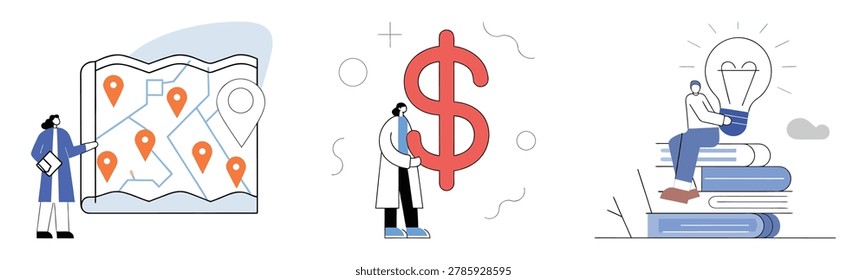 Business planning and education flat vector design showing navigation logistics financial power and academic problem solving.
