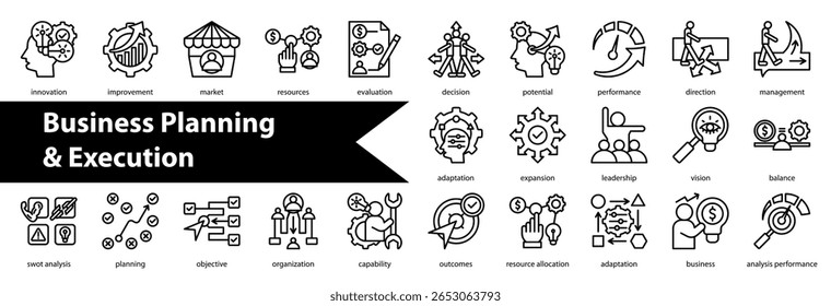 Conjunto e coleta de ícones de planejamento e execução de negócios contendo: desafio,execução,negócios,fraquezas,meta,prioridade,cadeia de valor,percepção,risco,progresso,solução,oportunidade,eficiência,foco,impacto
