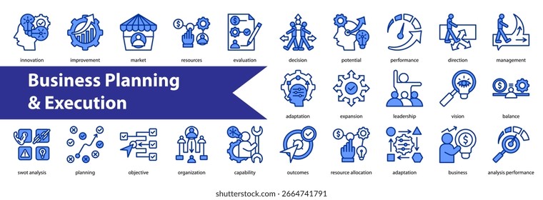 Business Planning and Execution Icon Sheet and Collection with Blue Color	