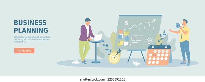 Business planning. Experts present a business plan. Successful company strategy to achieve financial goals. Promotional web banner. Cartoon flat vector illustration with people characters.