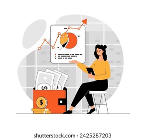 Business planning, Financial success. Woman researching data graphs and financial report with progress. Illustration with people scene in flat design for website and mobile development.	
