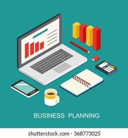 Business planning flat 3d isometric art modern design concept vector icons composition collage. 
