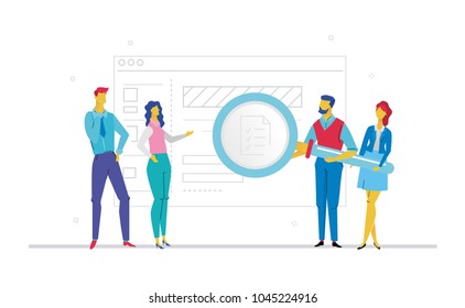 Business planning - flat design style colorful illustration on white background. Metaphorical composition with office workers or businessmen holding a magnifying glass, looking at a check list