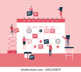 Business planning - flat design style illustration. A composition with cute characters, office workers or businessmen standing next to a big calendar. Time management concept