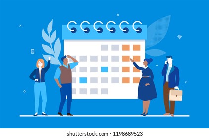 Business planning - flat design style colorful illustration on blue background. Male, female managers standing next to a big planner, calendar, working on a project, discussing ideas. Time management