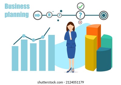 Business planning. Flat vector illustration. Business woman thinking, planning and solving problems with data.