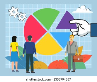 Business planning, graph, statistics, strategy meeting. People stand near big pie chart. Poster for web page, banner, social media, presentation. Flat design vector illustration