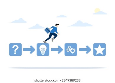 Guía de planificación de negocios Manejar las habilidades y habilidades de una estrategia de negocios de vinculación exitosa del liderazgo. Empresario calificado saltando sobre hitos para alcanzar el objetivo. ilustración vectorial plana.